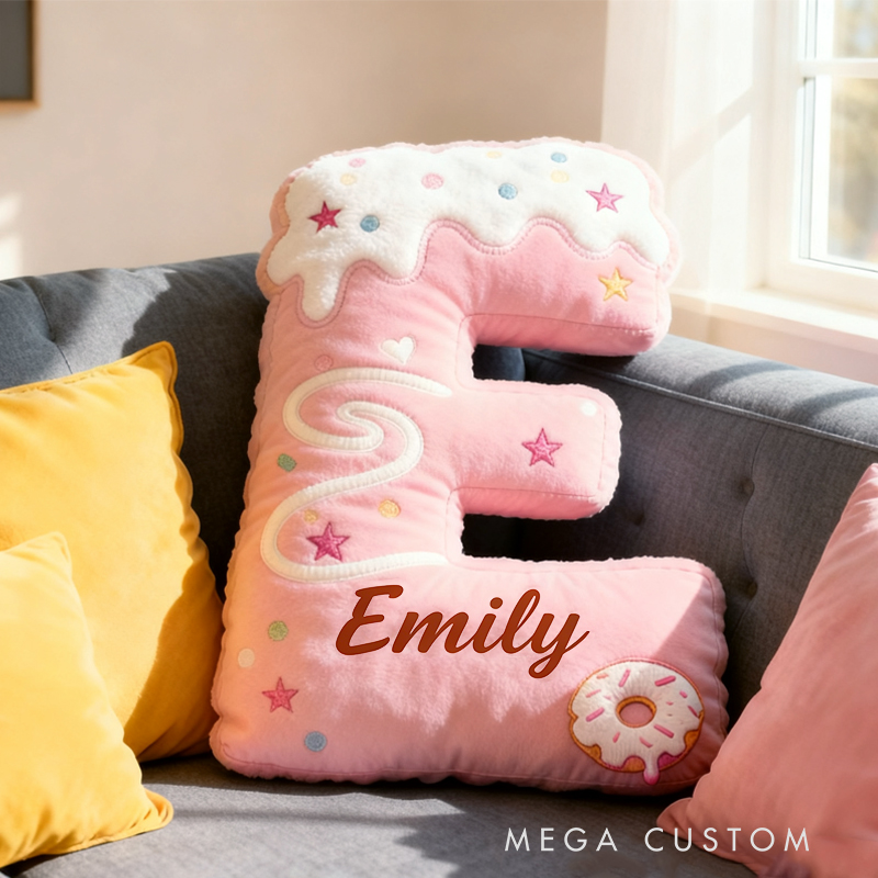 Personalized Cute Pink Donuts Initial Name Pillow Christmas Gift for Kids