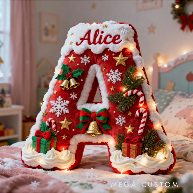Personalized Christmas Themed Initial Name Graphic 3D Print  Pillow with Name Christmas Gift for Kids