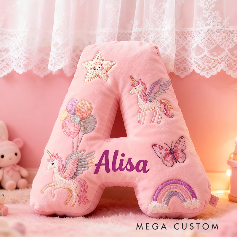 Personalized Pink Rainbow Letter Initial Custom Name Soft Decorative Gift Magical Girls Room Cozy Alphabet Shape  Graphic 3D Print Pillow