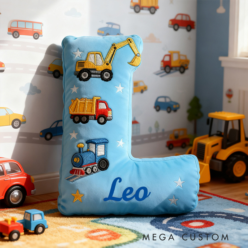 Personalized Letter Truck Custom Name Soft Decorative Gift Fun Construction Style Cozy Bedroom Colorful Car Bus Crane Vehicle Cute Boy Room Playtime Graphic 3D Print Pillow