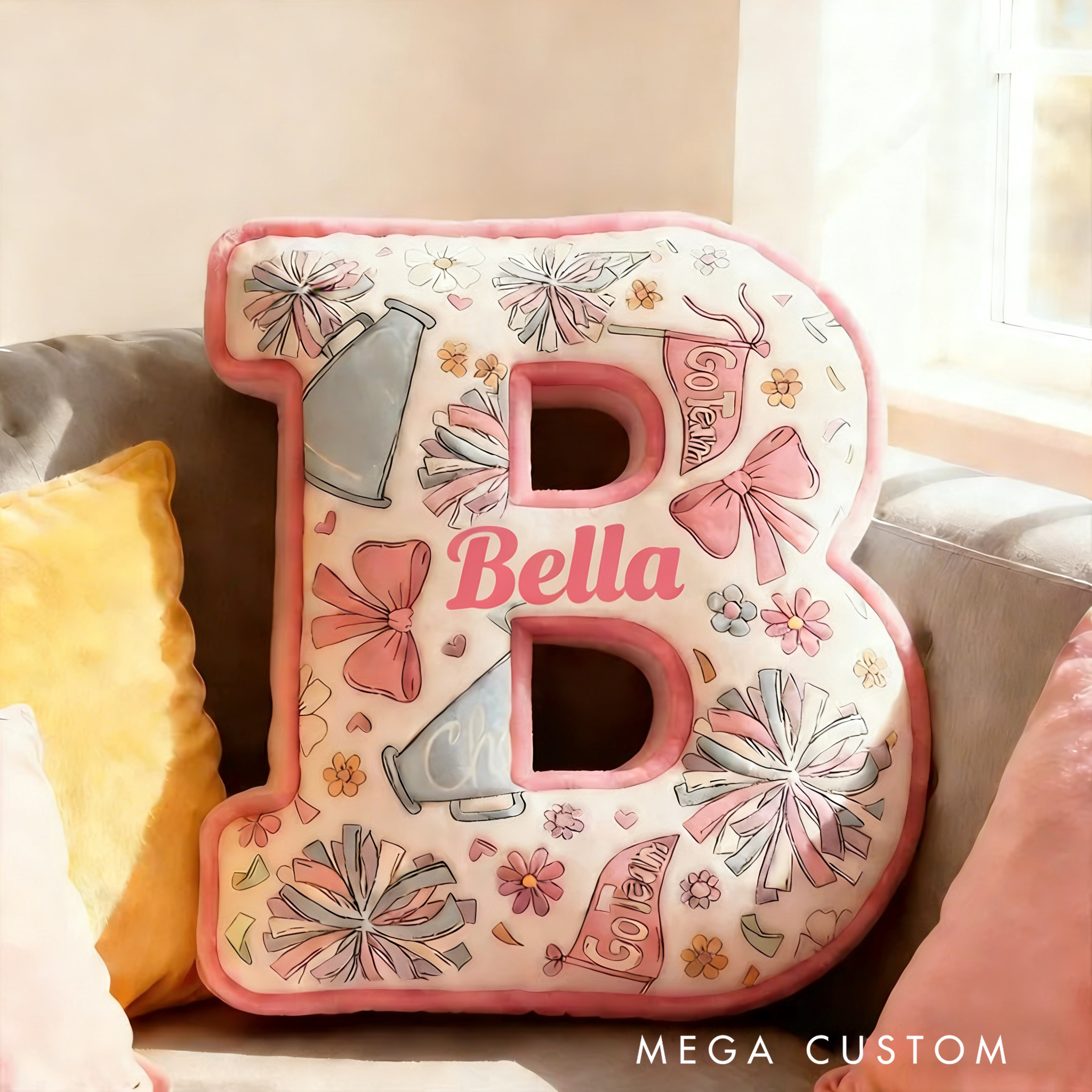 Personalized Cheerleading Initial Pillow with Custom Name and Cheer Theme Design