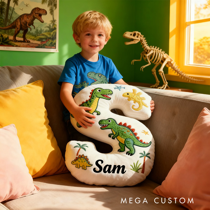 Personalized Dinosaur Letter Name Custom Kids Gift Fun Green T Rex Cute Prehistoric Soft Decorative Graphic 3D Print Pillow