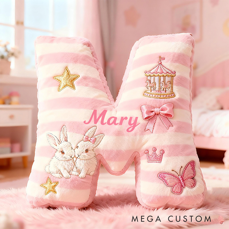 Personalized Pink Striped Bunny Star Butterfly Carousel Letter Initial Custom Name Soft Decorative Gift Cozy Girls Room  Graphic 3D Print Pillows Pillow