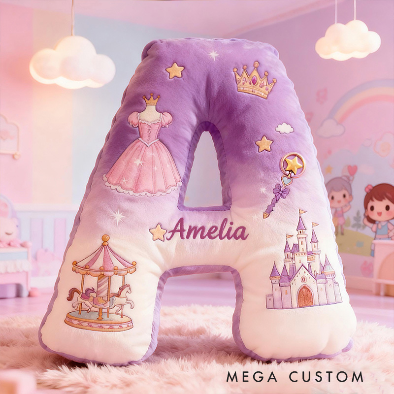 Personalized Princess Letter Custom Name Soft Decorative Gift Magical Castle Style Cozy Nursery Pink Dream Crown Dress Carousel Fairy Tale Lovely Graphic 3D Print Pillow