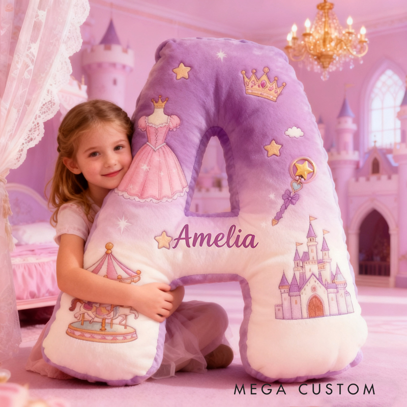Personalized Princess Letter Custom Name Soft Decorative Gift Magical Castle Style Cozy Nursery Pink Dream Crown Dress Carousel Fairy Tale Lovely Graphic 3D Print Pillow