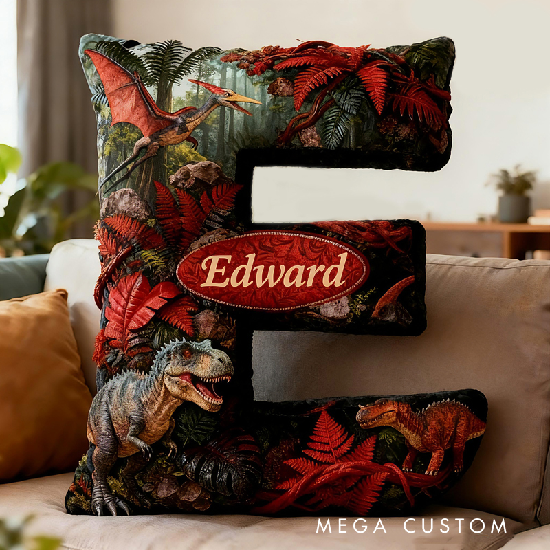 Personalized Dinosaur Jungle Letter Custom Name Soft Decorative Gift Adventure Forest Style Cozy Bedroom Green Red T Rex Velociraptor Fun Explorer Boy Room Graphic 3D Print Pillow