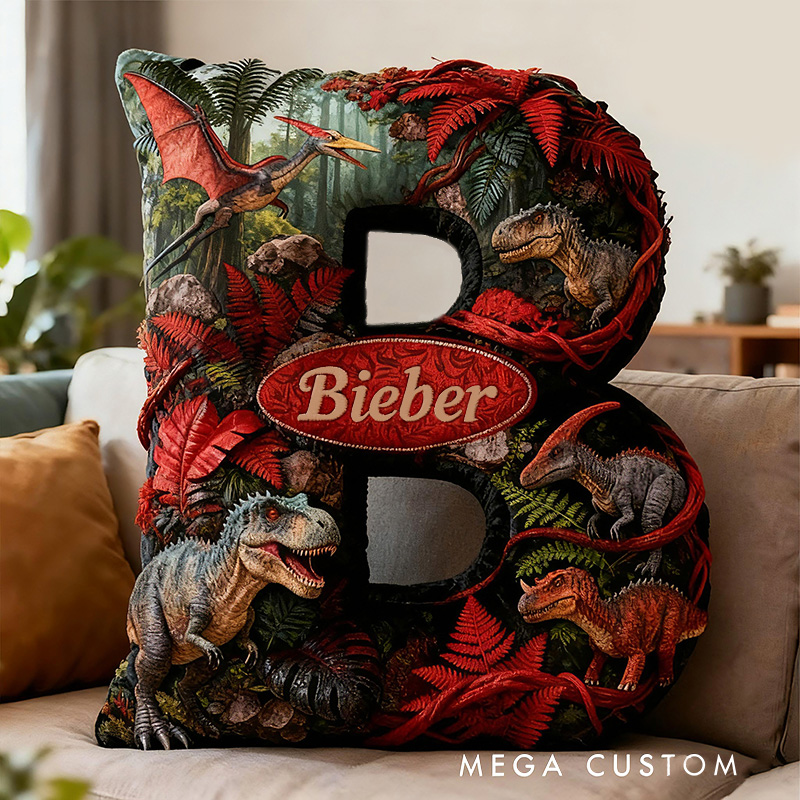 Personalized Dinosaur Jungle Letter Custom Name Soft Decorative Gift Adventure Forest Style Cozy Bedroom Green Red T Rex Velociraptor Fun Explorer Boy Room Graphic 3D Print Pillow