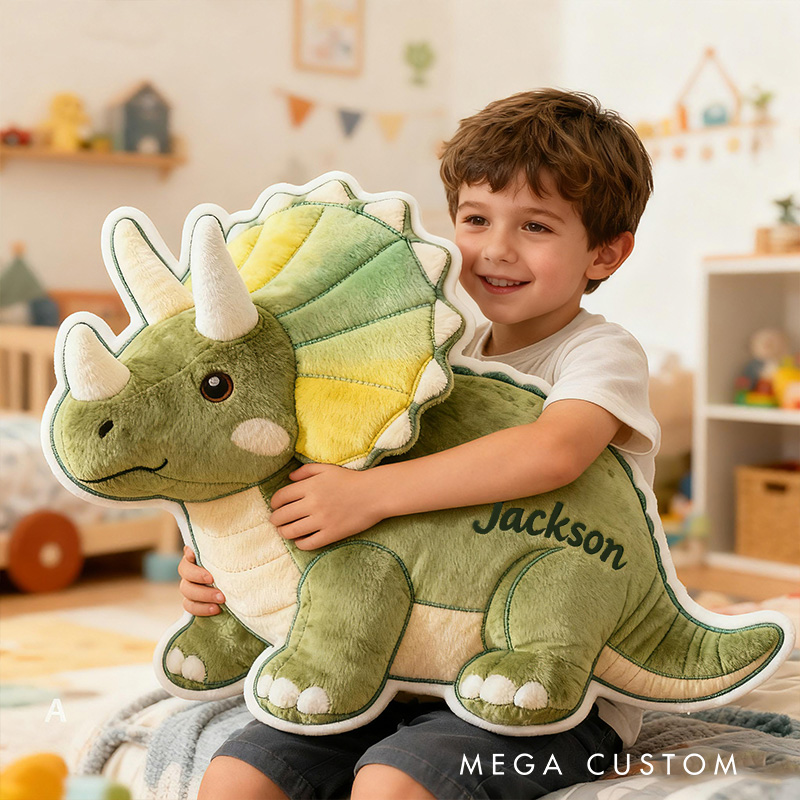 Personalized Triceratops Dinosaur Custom Name Soft Decorative Gift Adventure Style Cozy Kids Room Green Cute Prehistoric Fun Playful Graphic 3D Print Pillow