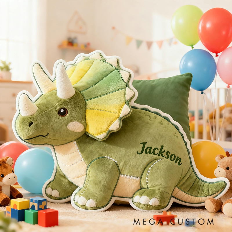 Personalized Triceratops Dinosaur Custom Name Soft Decorative Gift Adventure Style Cozy Kids Room Green Cute Prehistoric Fun Playful Graphic 3D Print Pillow