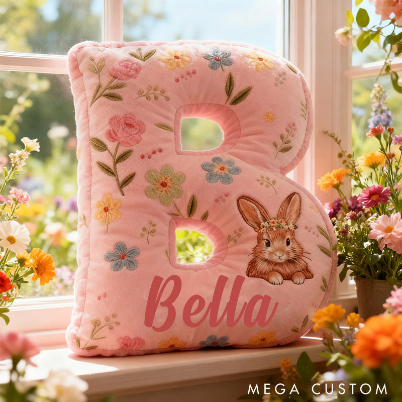 Personalized GirlFriend Flower Floral Rabbit Pink Pillow Custom Name Cushion Valentine's Gift for GirlFriend Christmas Gift for Her for Flower Girl