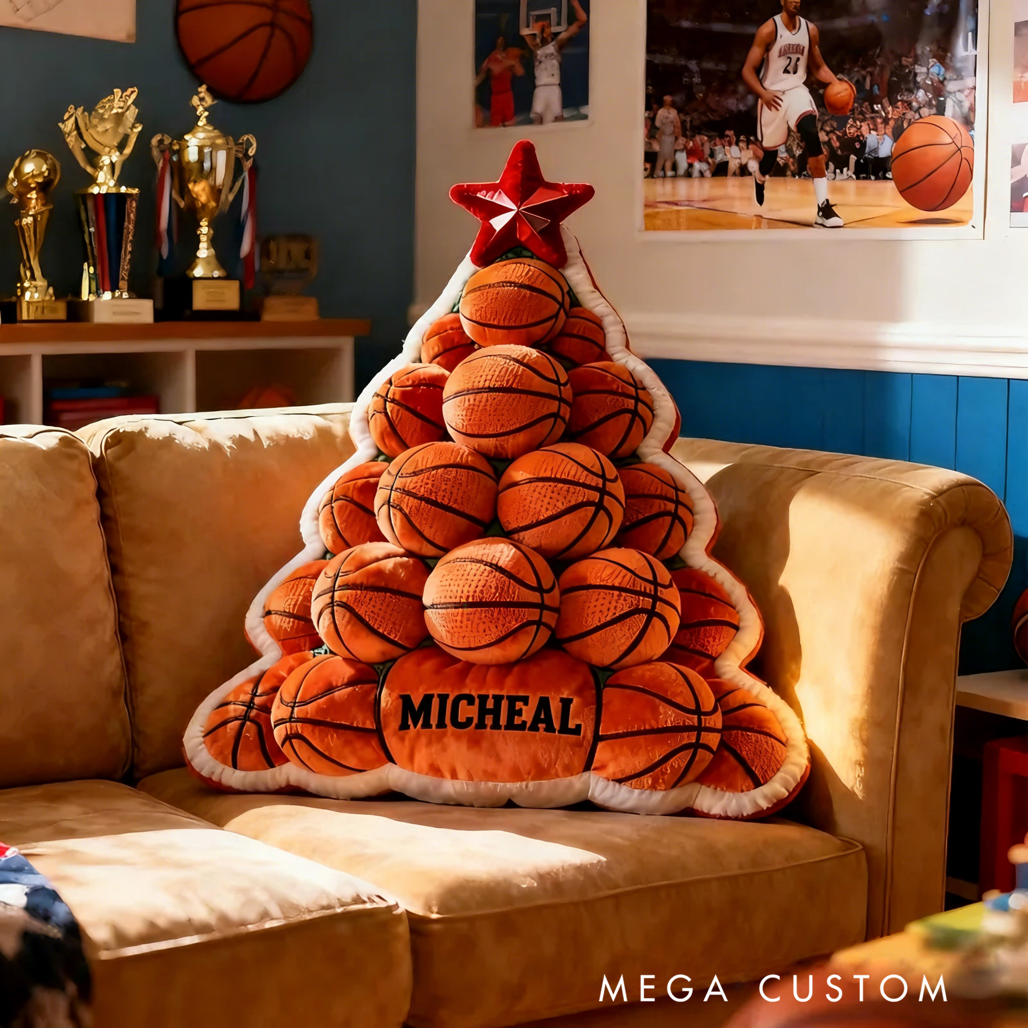 Personalized Graphic3DPrint Basketball Christmas Tree Pillow with Custom Name for Sports Lovers