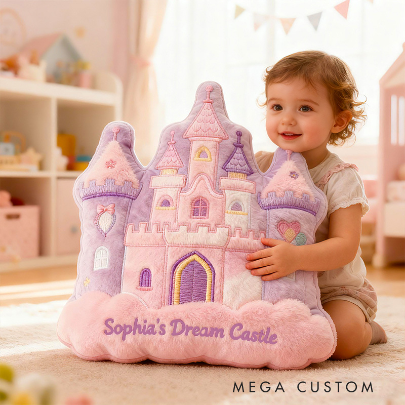 Personalized Pink Purple Castle Shape Custom Name Soft Decorative Gift Fairytale Princess Style Cozy Nursery Room Dream Magic Graphic 3D Print Pillow