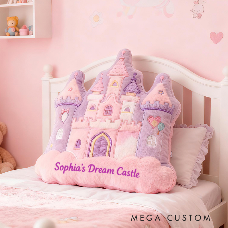 Personalized Pink Purple Castle Shape Custom Name Soft Decorative Gift Fairytale Princess Style Cozy Nursery Room Dream Magic Graphic 3D Print Pillow