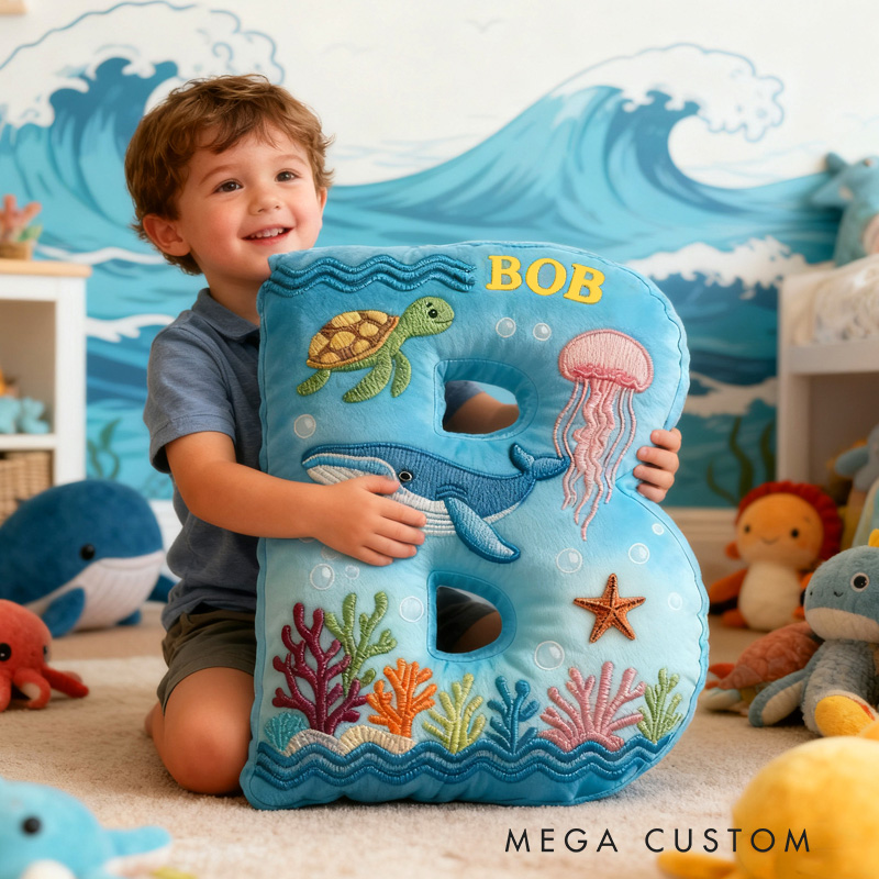 Personalized Ocean Letter Custom Name Soft Decorative Gift Underwater Sea Style Cozy Bedroom Blue Coral Whale Turtle Starfish Colorful Waves Marine Wonder Graphic 3D Print Pillow