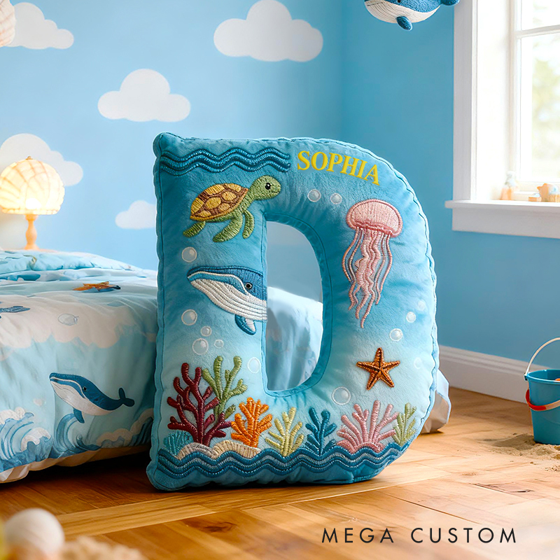 Personalized Ocean Letter Custom Name Soft Decorative Gift Underwater Sea Style Cozy Bedroom Blue Coral Whale Turtle Starfish Colorful Waves Marine Wonder Graphic 3D Print Pillow