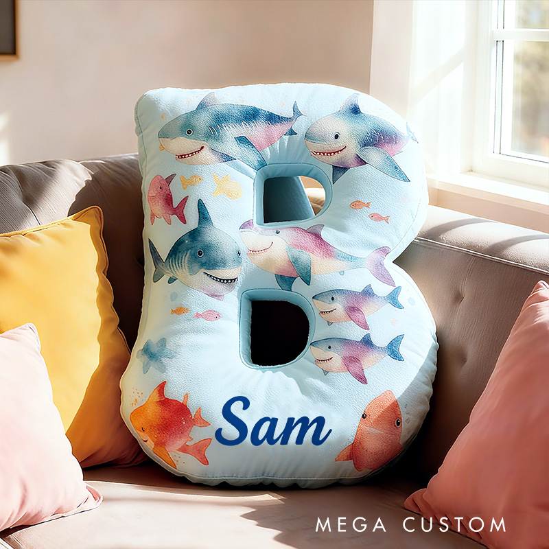 Personalized Shark Letter Initial Custom Name Soft Decorative Gift Fun Kids Room Sea Life Alphabet Shape  Graphic 3D Print Pillow