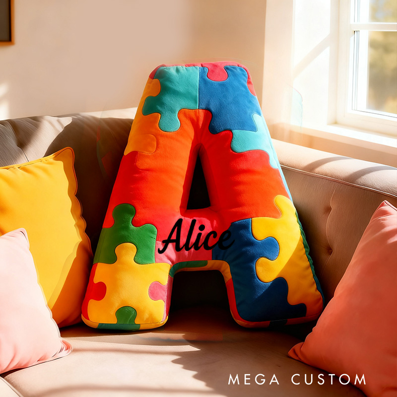 Personalized Colorful Puzzle Piece Letter Initial Name Cushion Soft Decorative Gift for Kids Room Cozy Alphabet Shape Gifts for Children With Autism Pillow