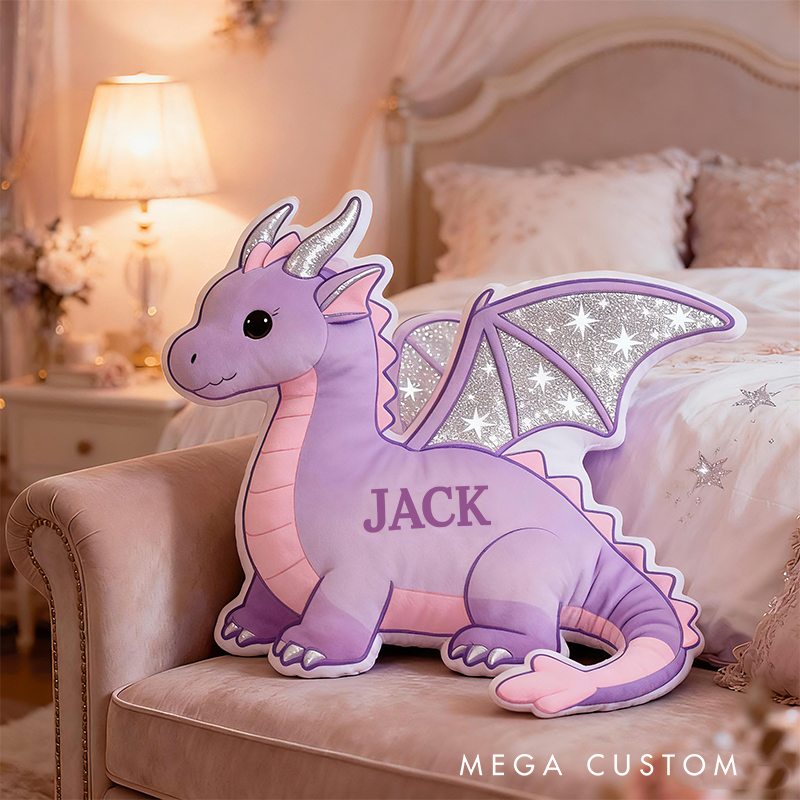 Personalized Purple Dragon Custom Name Soft Decorative Gift Fantasy Creature Style Cozy Kids Room Magical Dream Lovely Sparkle Cute Graphic 3D Print Pillow