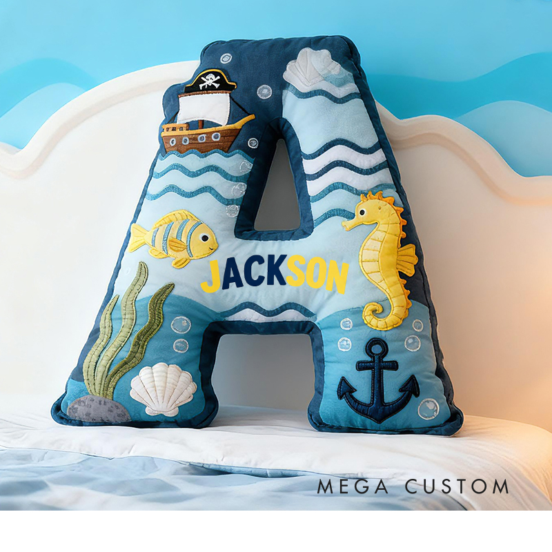 Personalized Pirate Ocean Letter Custom Name Soft Decorative Gift Underwater Sea Style Cozy Bedroom Blue Wave Fish Anchor Seahorse Ship Adventure Graphic 3D Print Pillow