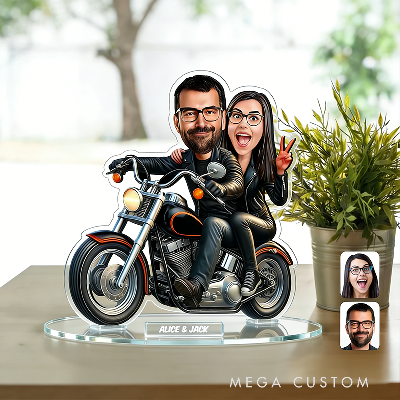 Personalized Cartoon Motorcycle Couple Acrylic Figurine Custom Cartoon Portrait Gift for Biker Lovers or Anniversary