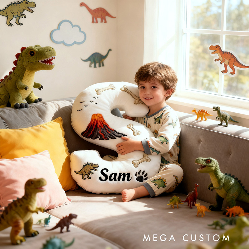Personalized Volcano Letter Name Custom Kids Gift Dinosaur Bones Lava Adventure Fun Soft Decorative Graphic 3D Print Pillow