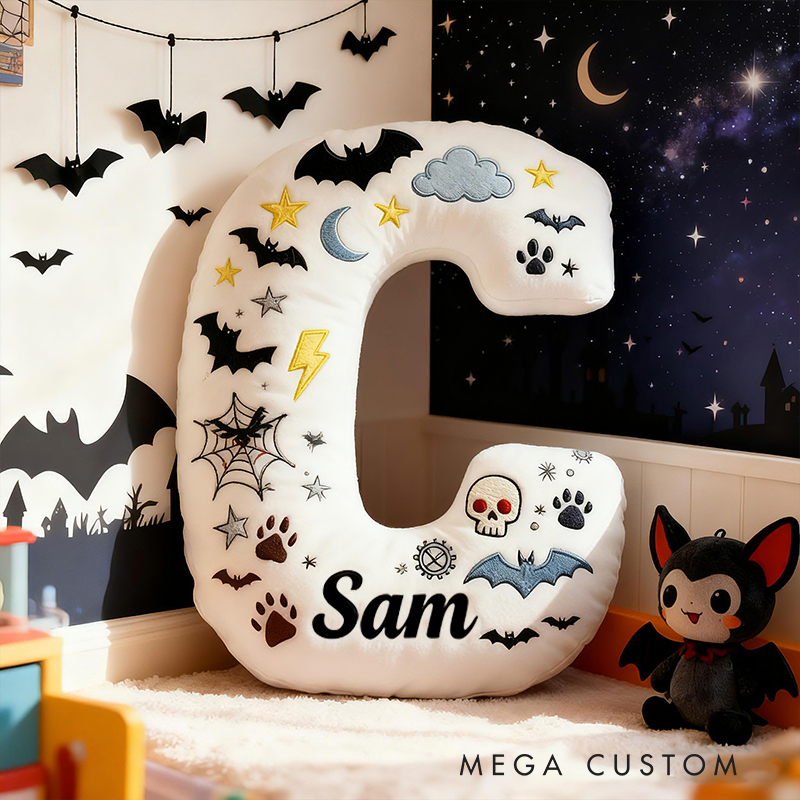 Personalized Bat Custom Name Soft Decorative Gift Spooky Night Style Cozy Bedroom Moon Star Ghost Fun Cute Boy Room Black White Magic Vibe Graphic 3D Print Pillow