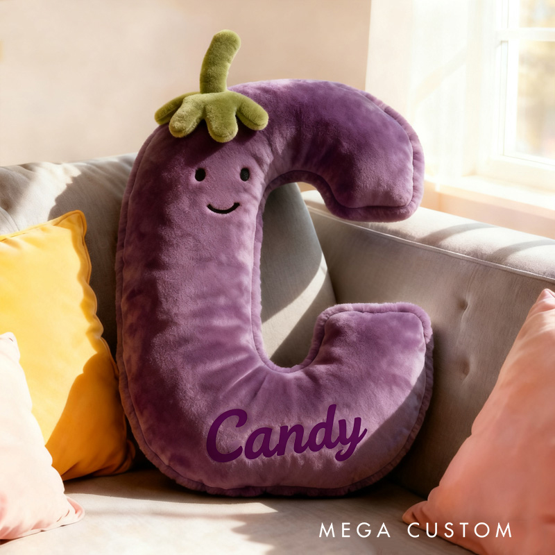 Personalized Eggplant Letter Name Custom Kids Gift Funny Purple Vegetable Soft Cute Decorative Graphic 3D Print Pillow Funny Gift for Kids Family