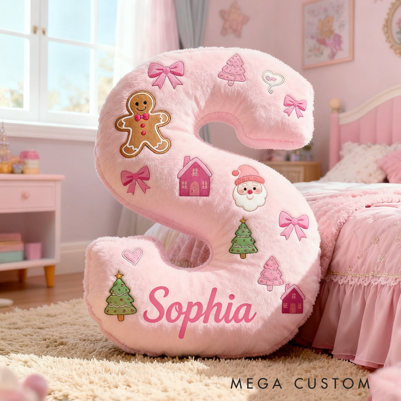 Personalized Cartoon Pink Christmas Initials with Name Graphic 3D Print Pillow Christmas Gift for Kids 