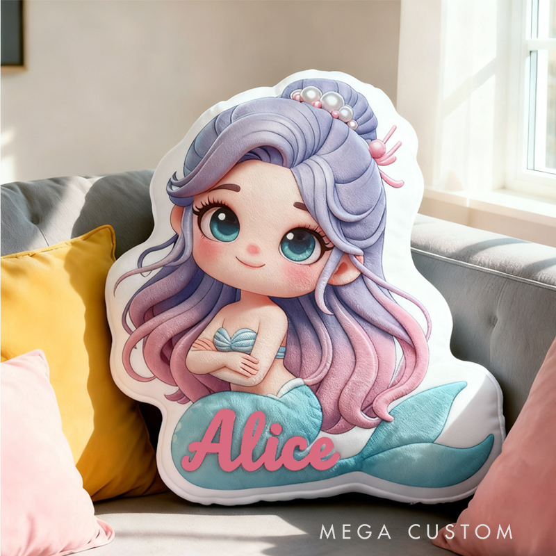 Personalized Cute 3D Cartoon Fantasy Mermaid with Name Pillow Christmas Gift for Kids Family