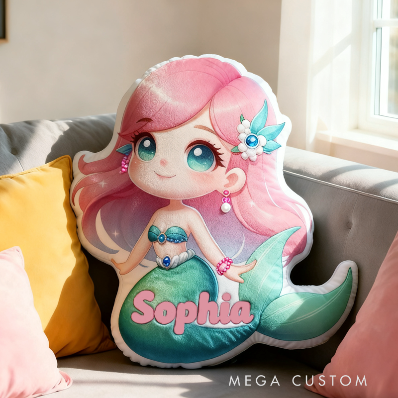 Personalized Cute 3D Cartoon Fantasy Mermaid with Name Pillow Christmas Gift for Kids Family