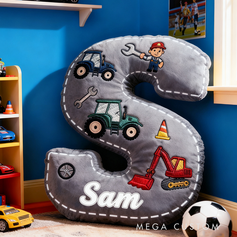 Personalized Cute Tractor Initials with Name Graphic 3D Print Pillow Christmas Gift for Kids Birthday Gifts