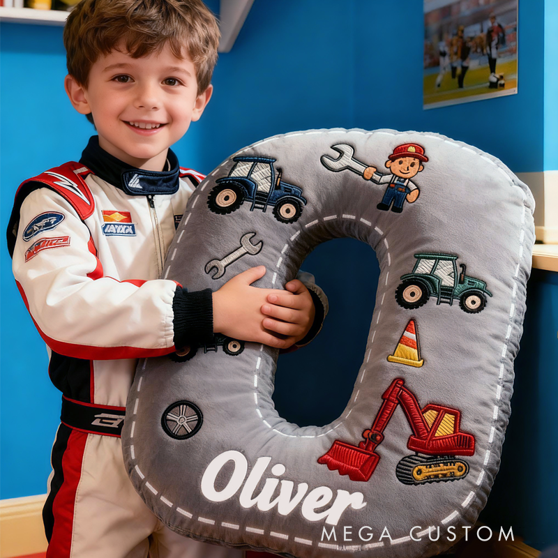 Personalized Cute Tractor Initials with Name Graphic 3D Print Pillow Christmas Gift for Kids Birthday Gifts