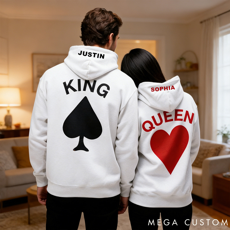 Personalized Couple King and Queen Matching Hoodie with Name Custom Couple Playing Card Sweatshirt Valentine's Day Gift for Him Her Anniversary Gift