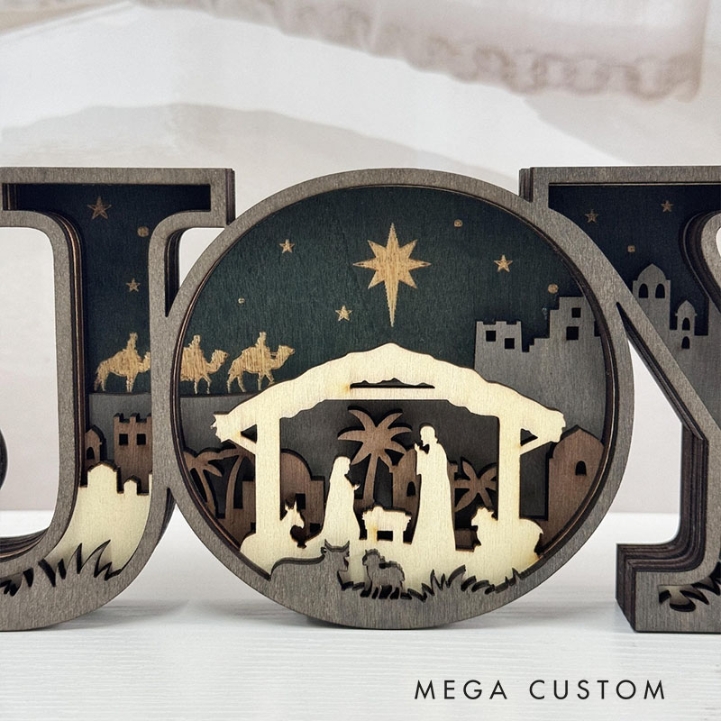 Personalized 3D Carved Wooden JOY Letter Ornaments Religious Christian Gift