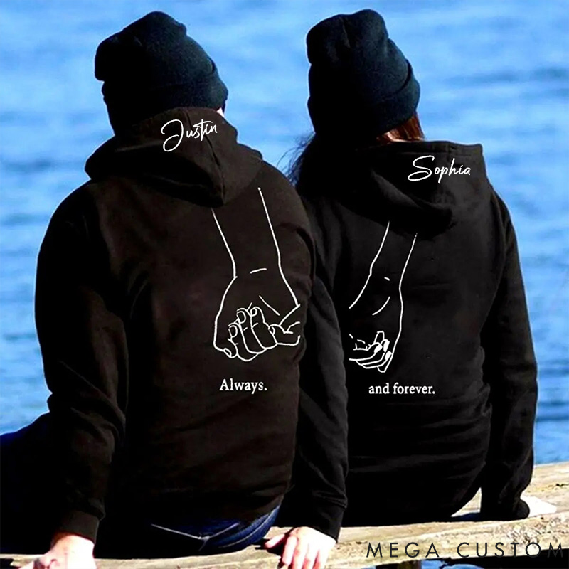 Personalized Couple Always and Forever Matching Hoodie with Name Custom Couple Line Holding Hands Sweatshirt Anniversary Gift Valentine's Day Gift