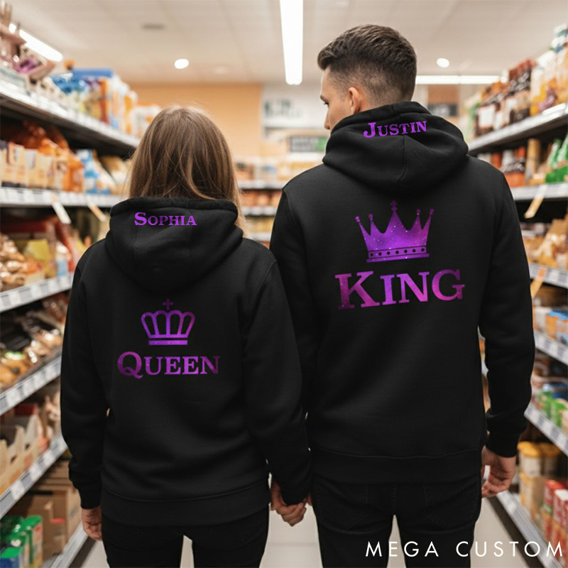 Personalized Couple Purple King and Queen with Crown Matching Hoodie Custom Couple Sweatshirt with Name Anniversary Gift Valentine's Day Gift