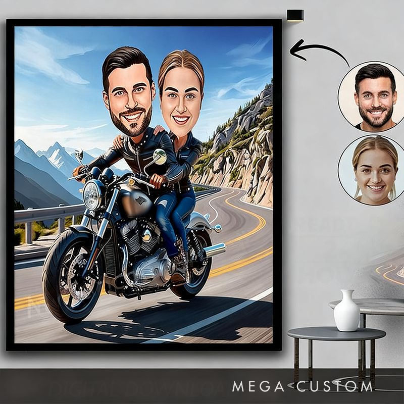 Personalized Motorcycle Couple Portrait Custom Biker Caricature Drawing Poster Gift for Motorcycle Lovers and Couples