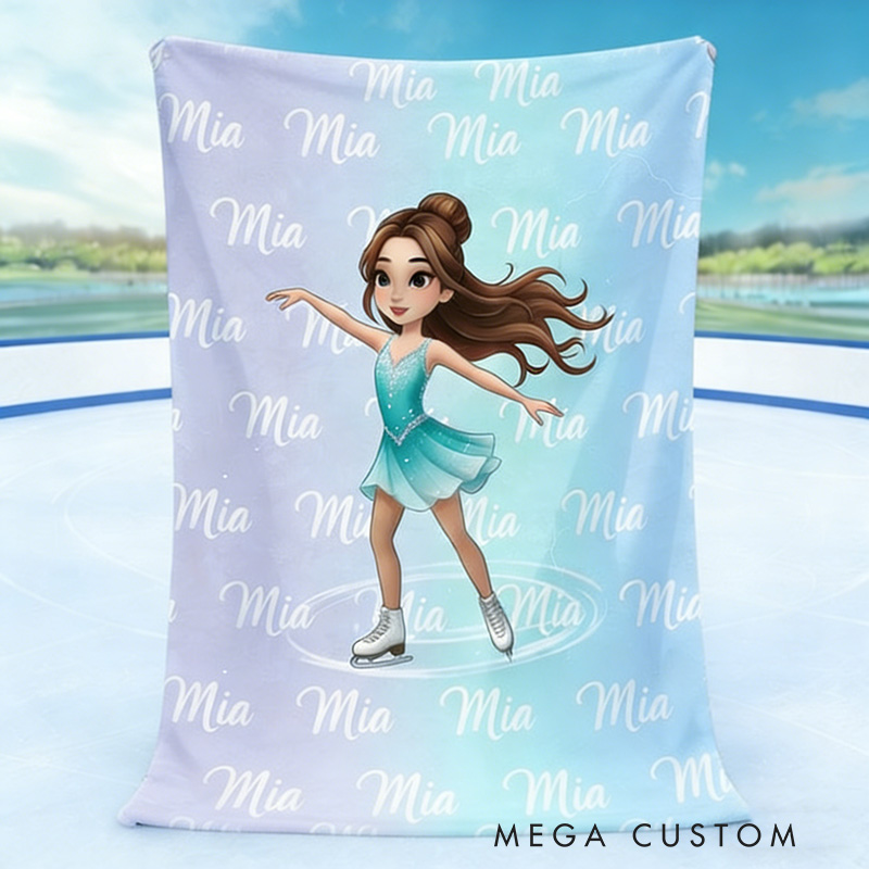 Personalized Figure Skating Cartoon Character Soft Throw Blanket with Your Name Daily Training Match Day Team Gift for Figure Skaters and Coaches
