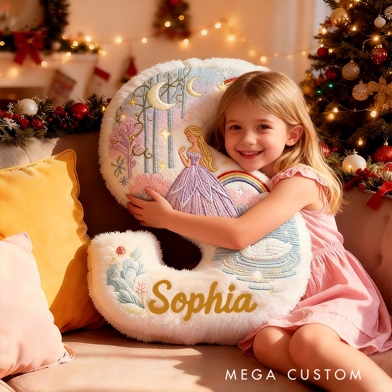 Personalized Princess Rainbow Cloud Custom Name Soft Decorative Gift Fairytale Princess Style Cozy Nursery Room Dream Magic Sweet Graphic 3D Print Pillow