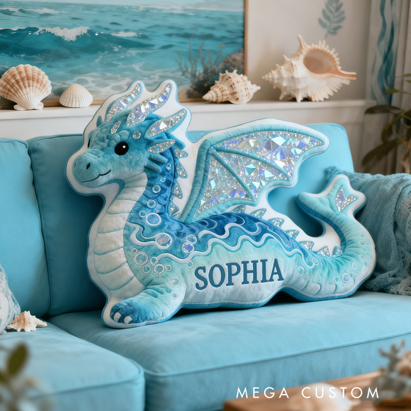 Personalized Blue Dragon Fantasy Custom Name Soft Decorative Gift Magical Creature Style Cozy Bedroom Dream Ocean Sparkle Mystic Graphic 3D Print Pillow