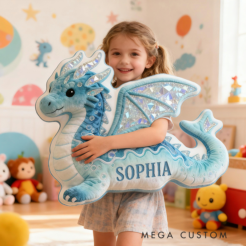 Personalized Blue Dragon Fantasy Custom Name Soft Decorative Gift Magical Creature Style Cozy Bedroom Dream Ocean Sparkle Mystic Graphic 3D Print Pillow