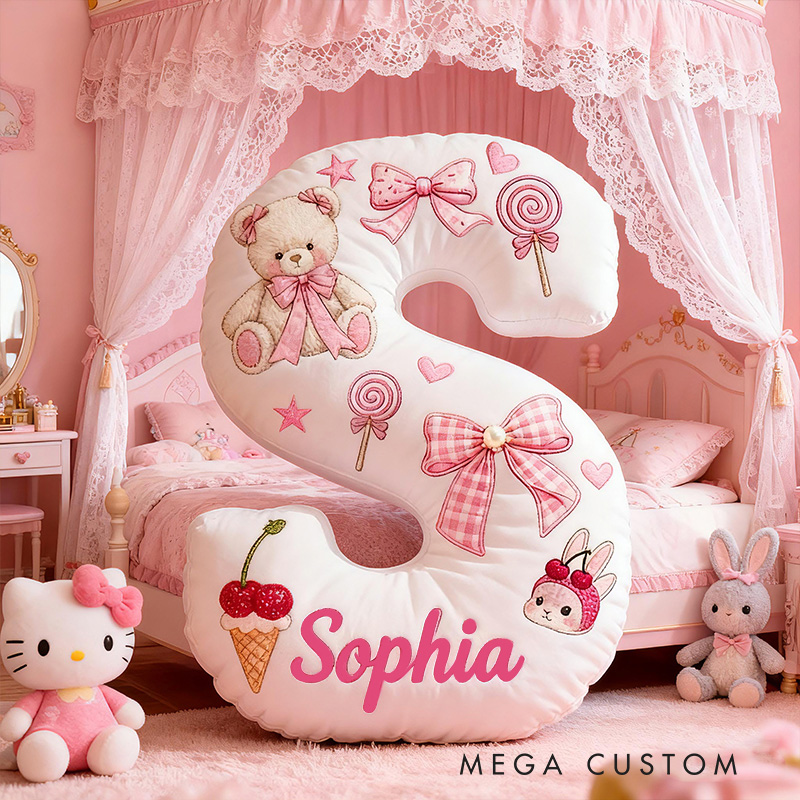 Personalized Teddy Bear Bow Candy Cherry Custom Name Soft Decorative Gift Sweet Princess Style Cozy Nursery Room Dream Pink Cute Graphic 3D Print Pillow