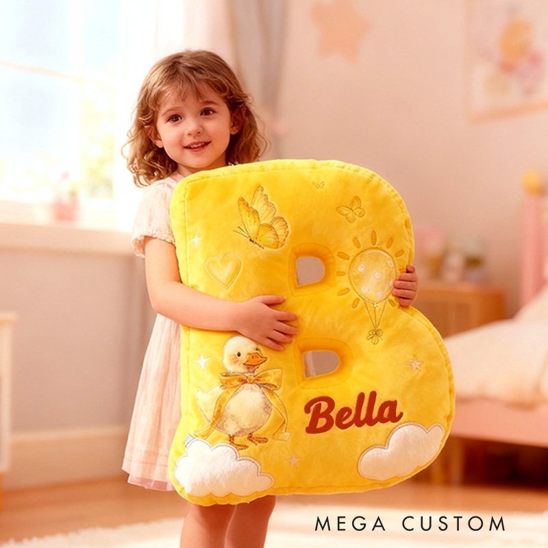 Personalized Yellow Duck Sun Cloud Letter Initial Custom Name Soft Decorative Gift Cheerful Kids Room Bright Alphabet Graphic 3D Print Pillow