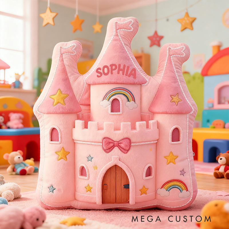 Personalized Pink Rainbow Castle Shape Custom Name Soft Decorative Gift Fairytale Princess Style Cozy Playroom Dream Star Graphic 3D Print Pillow