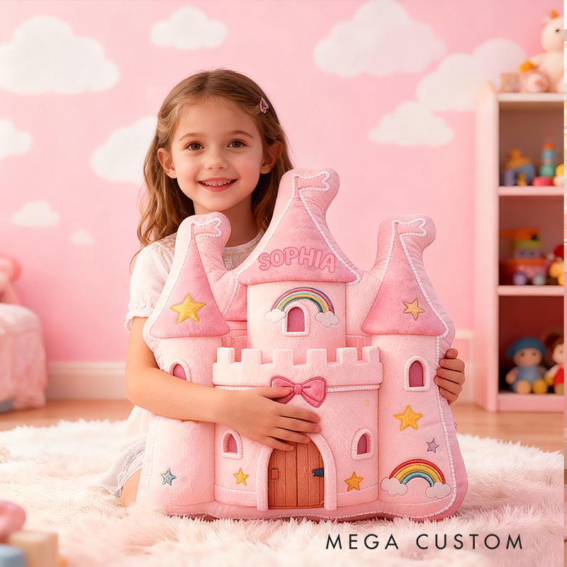 Personalized Pink Rainbow Castle Shape Custom Name Soft Decorative Gift Fairytale Princess Style Cozy Playroom Dream Star Graphic 3D Print Pillow