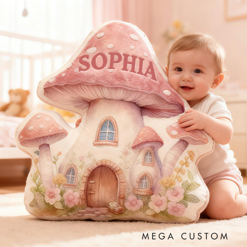 Personalized Mushroom House Custom Name Soft Decorative Gift Fairy Cottage Style Cozy Nursery Pink Dream Lovely Whimsical Magical Garden Graphic 3D Print Pillow