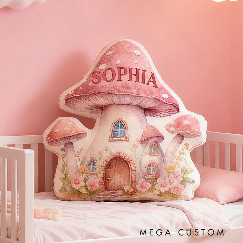 Personalized Mushroom House Custom Name Soft Decorative Gift Fairy Cottage Style Cozy Nursery Pink Dream Lovely Whimsical Magical Garden Graphic 3D Print Pillow