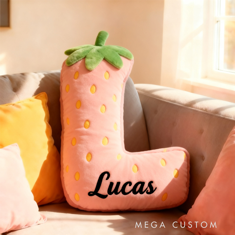 Personalized Cute Strawberry Initial Graphic 3D Print Pillow with Name Christmas Gift for Kids