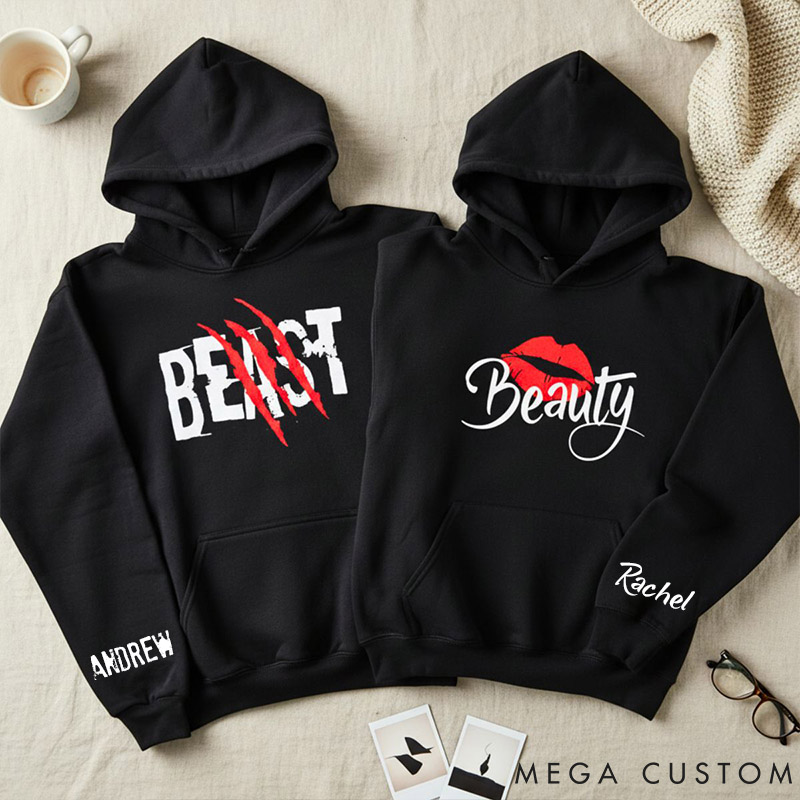 Personalized Couple Beast with Claw and Beauty with Kiss Matching Hoodie Custom Couple Sweatshirt with Name Anniversary Gift Valentine's Day Gift