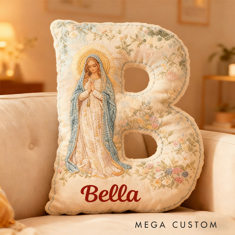 Personalized Virgin Mary Floral Letter Pillow with Custom Name Religious Home Decor Gift Catholic Gift for Her Prayer Gift Graphic 3D Print Pillow
